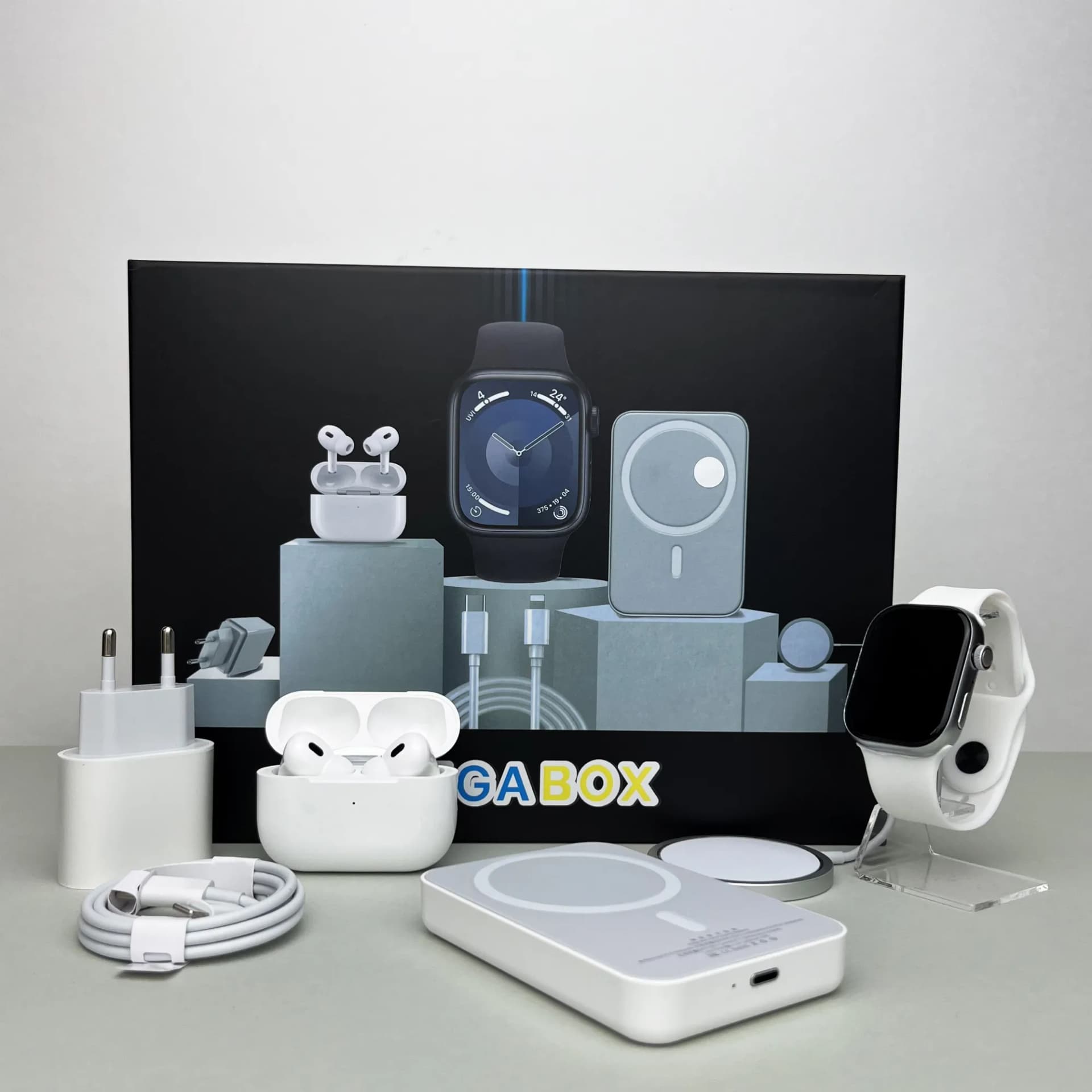 Комплект Megabox 6в1 - Watch 9 / Air Pro 2 / Battary Pack / MagSafe / 20W Type-С / Кабель 3х / Ремінець (Білий) UA - зображення 1