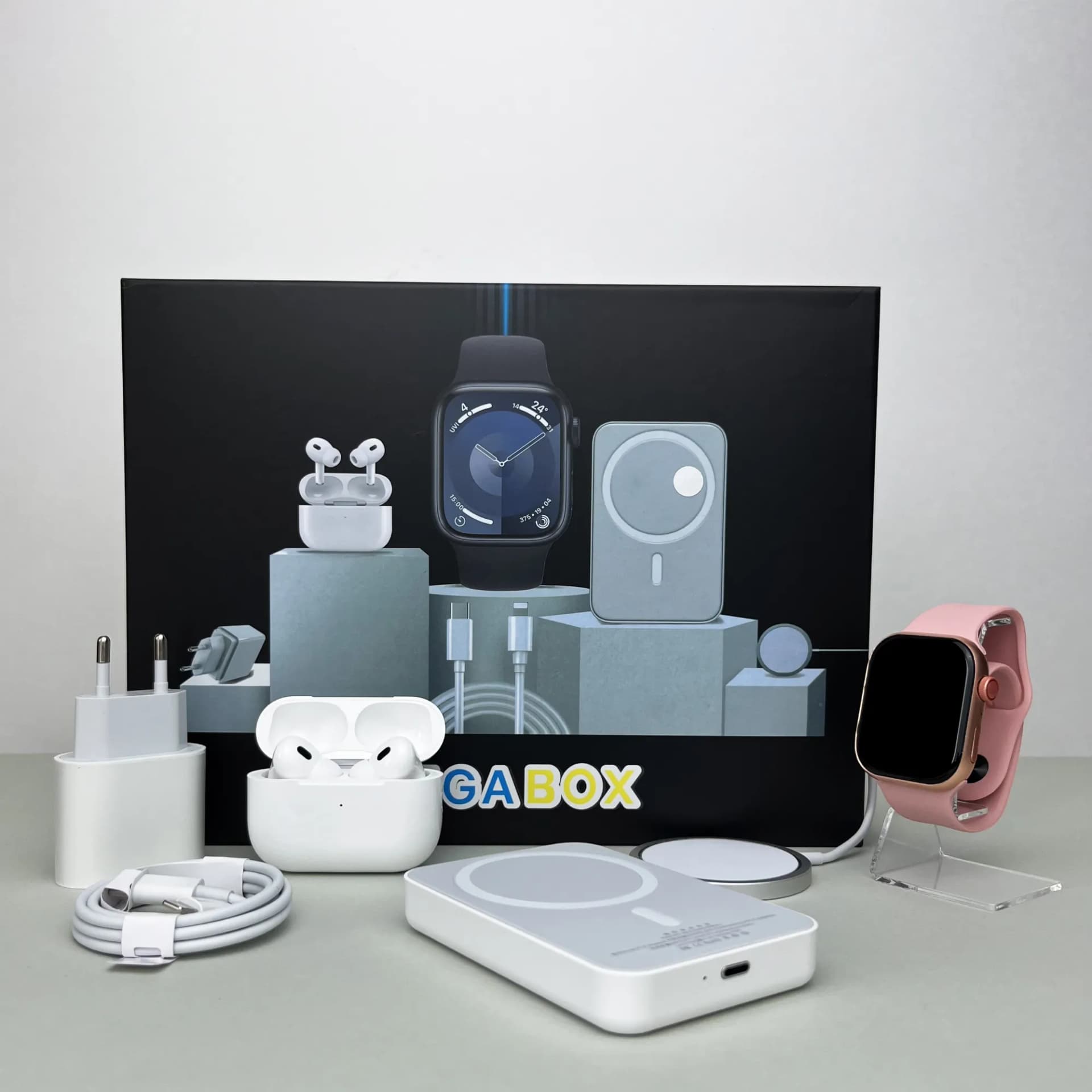 Комплект Megabox 6в1 - Watch 9 / Air Pro 2 / Battary Pack / MagSafe / 20W Type-С / Кабель 3х / Ремінець (Рожевий) UA - зображення 1
