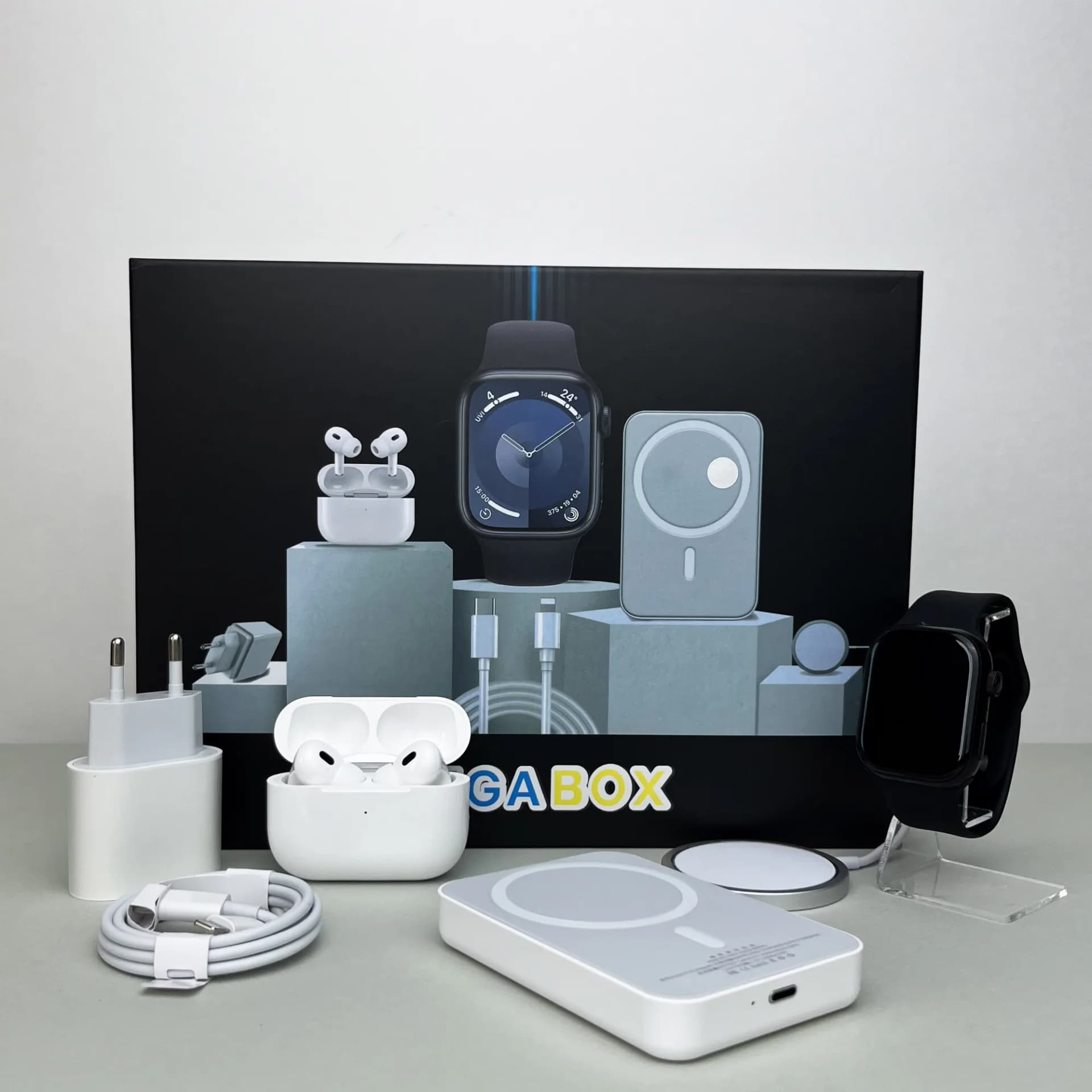 Комплект Megabox 6в1 - Watch 9 / Air Pro 2 / Battary Pack / MagSafe / 20W Type-С / Кабель 3х / Ремінець (Чорний) UA - зображення 1
