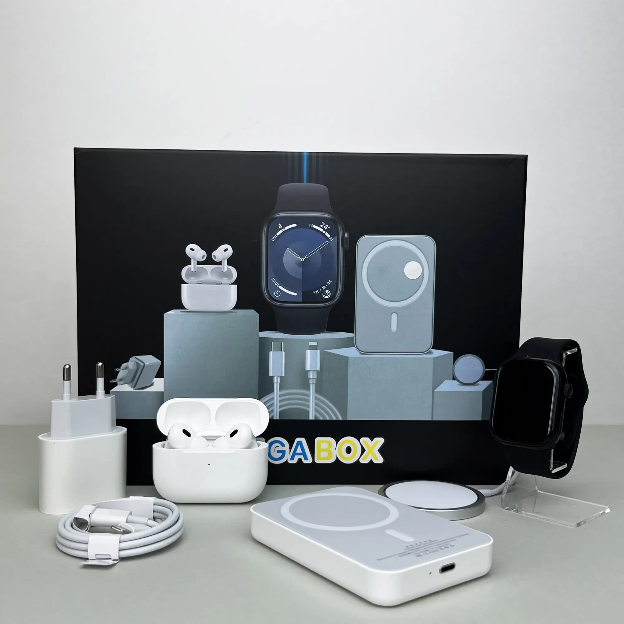 Комплект Megabox 6в1 - Watch 9 / Air Pro 2 / Battary Pack / MagSafe / 20W Type-С / Кабель 3х / Ремінець (Чорний) UA