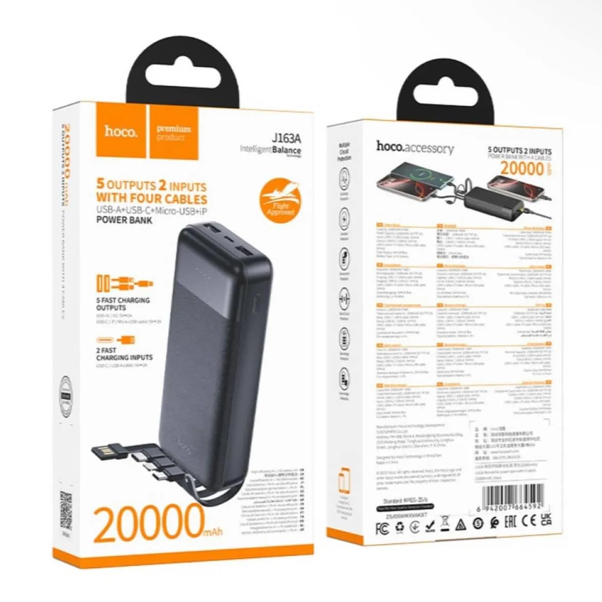 Power Bank Hoco J163A з кабелем USB+Micro+Type-C+Lightning (20000mAh) Чорний - зображення 1